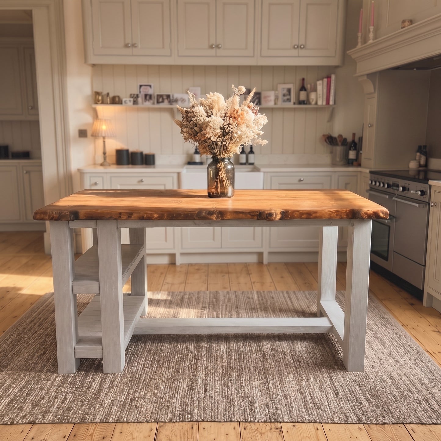 GRANTHAM Light Grey Kitchen Island Solid Wood With Shelf / Breakfast Bar