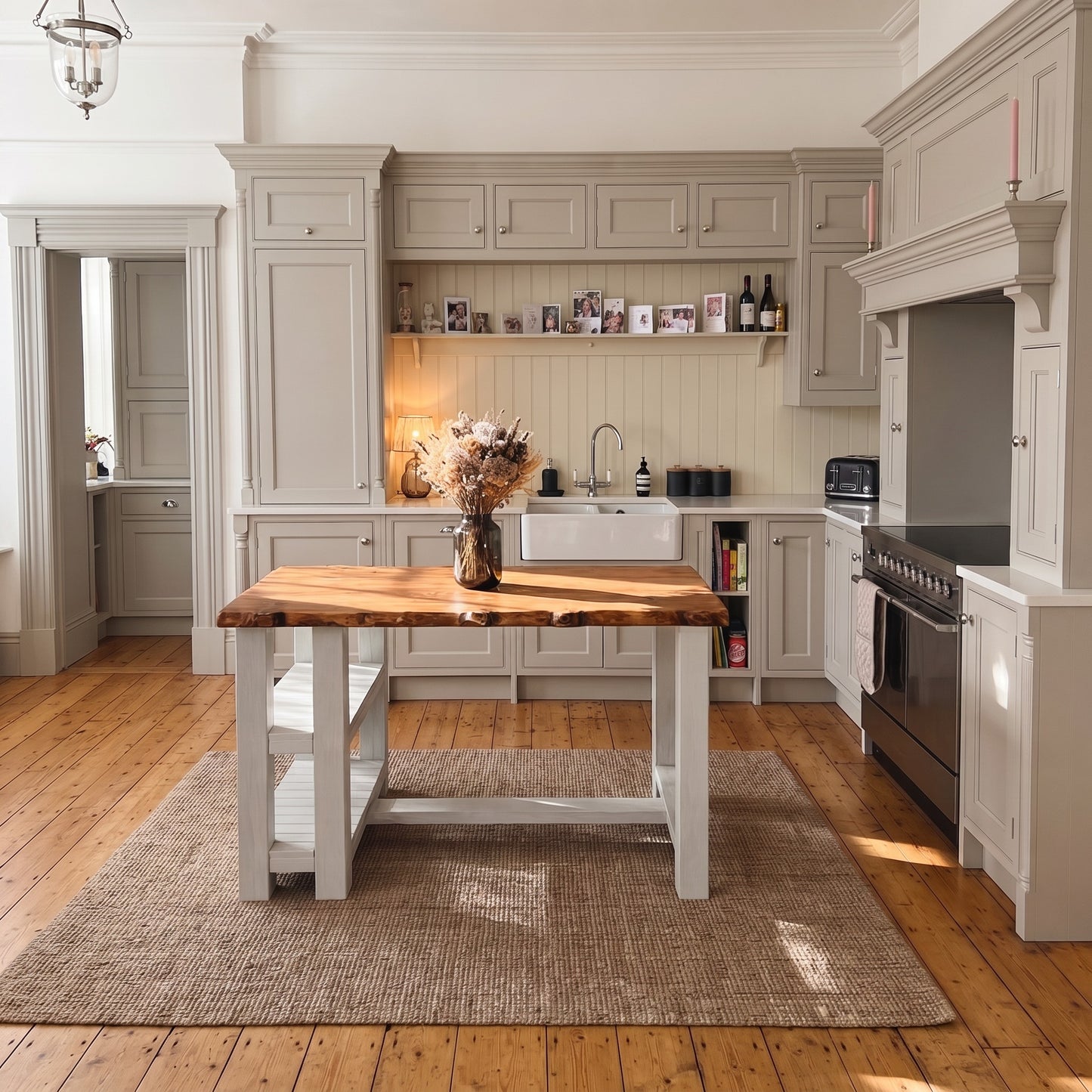 GRANTHAM Light Grey Kitchen Island Solid Wood With Shelf / Breakfast Bar