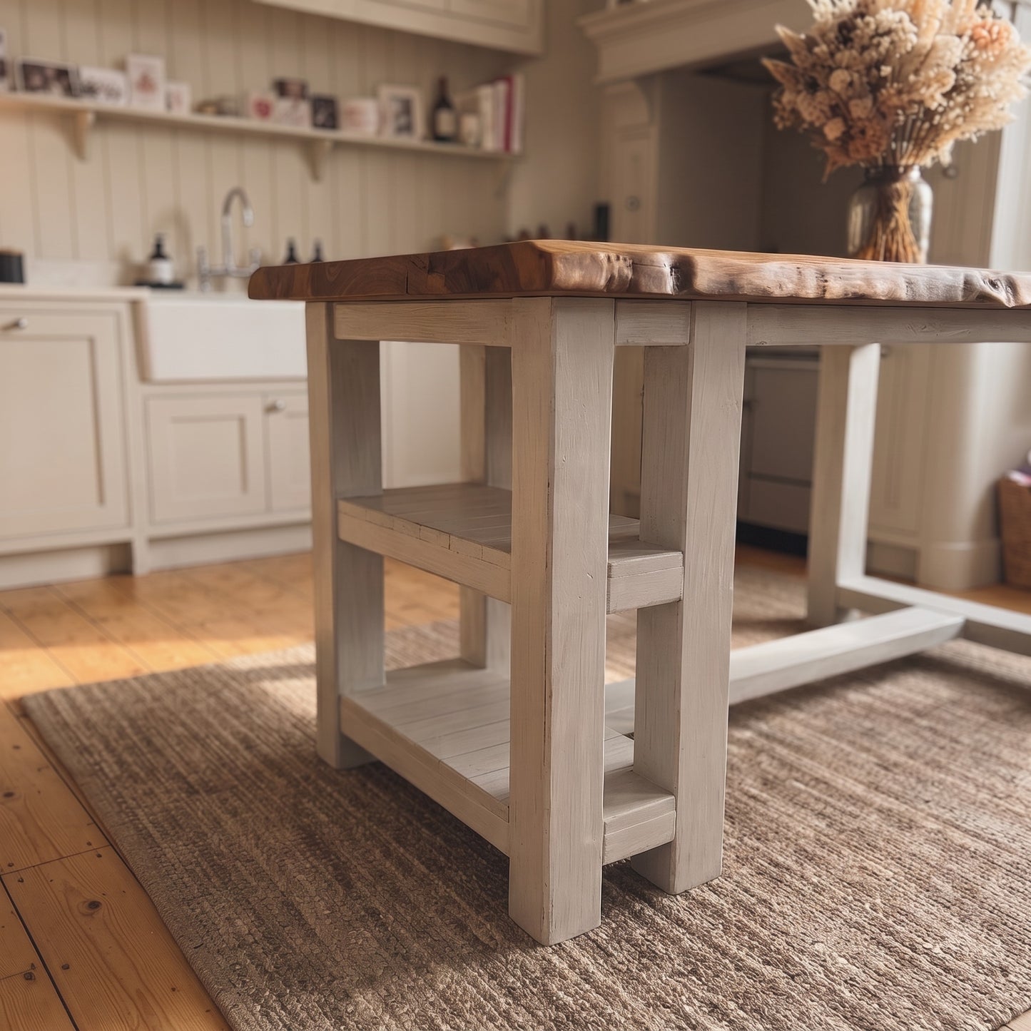 GRANTHAM Light Grey Kitchen Island Solid Wood With Shelf / Breakfast Bar