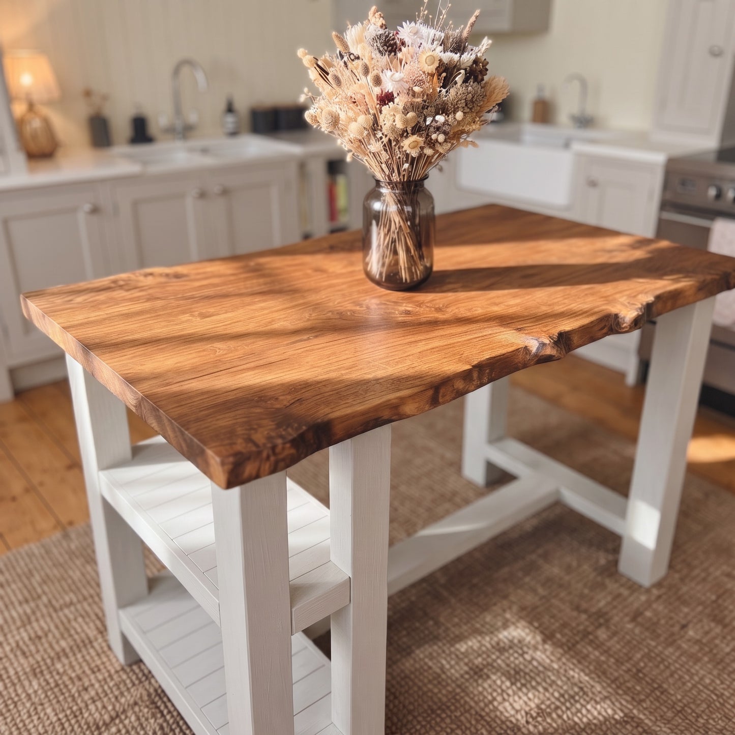 GRANTHAM Light Grey Kitchen Island Solid Wood With Shelf / Breakfast Bar