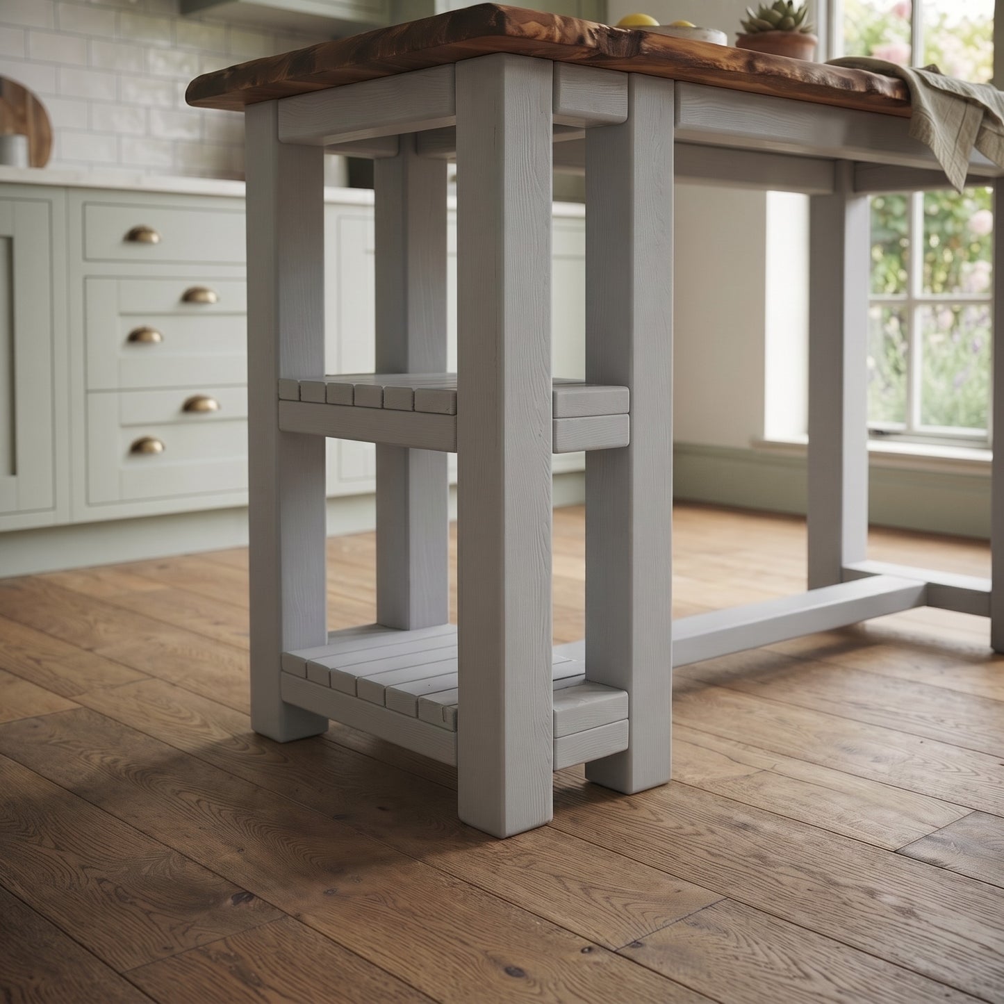 GRANTHAM Medium Grey Kitchen Island Solid Wood With Shelf / Breakfast Bar
