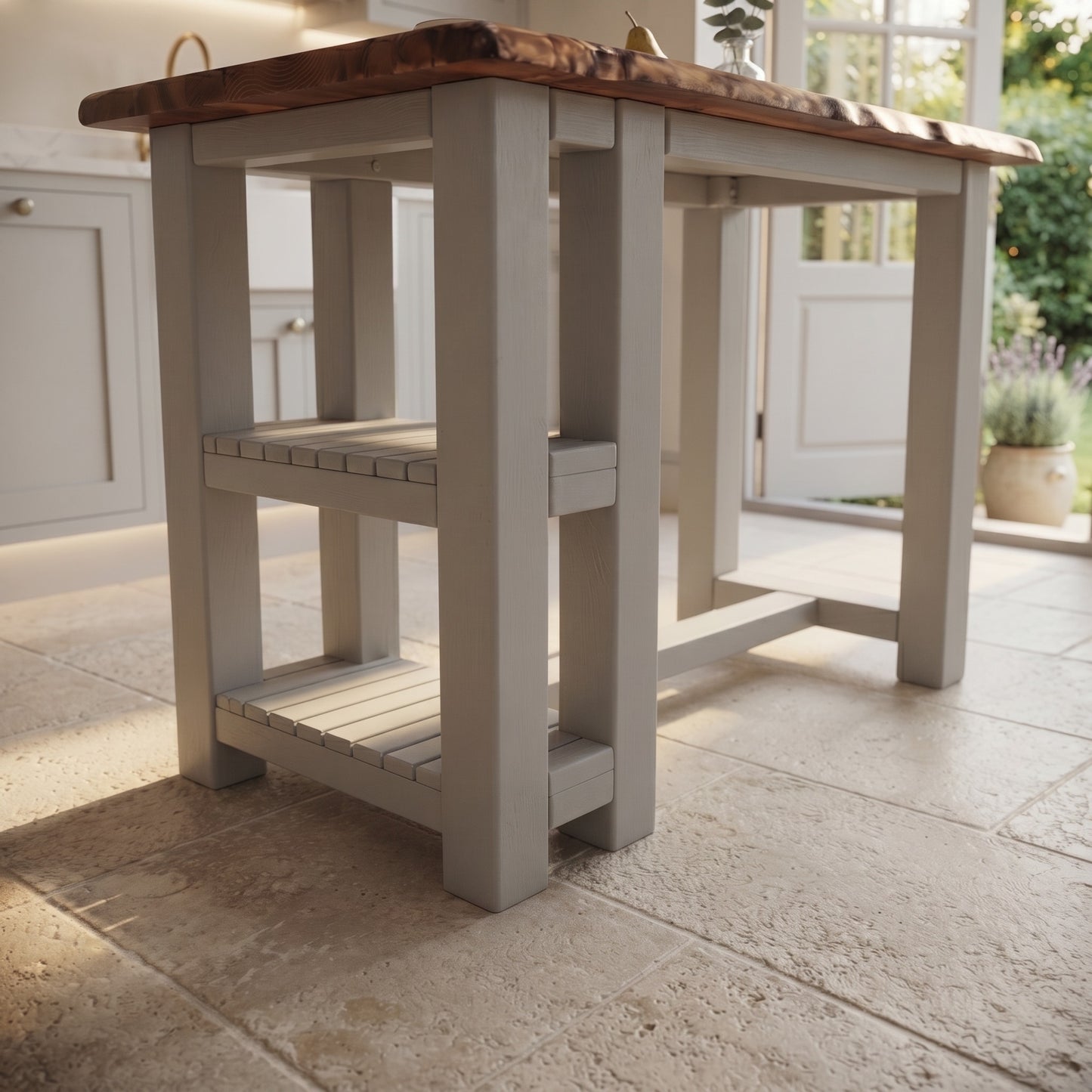 GRANTHAM Medium Grey Kitchen Island Solid Wood With Shelf / Breakfast Bar