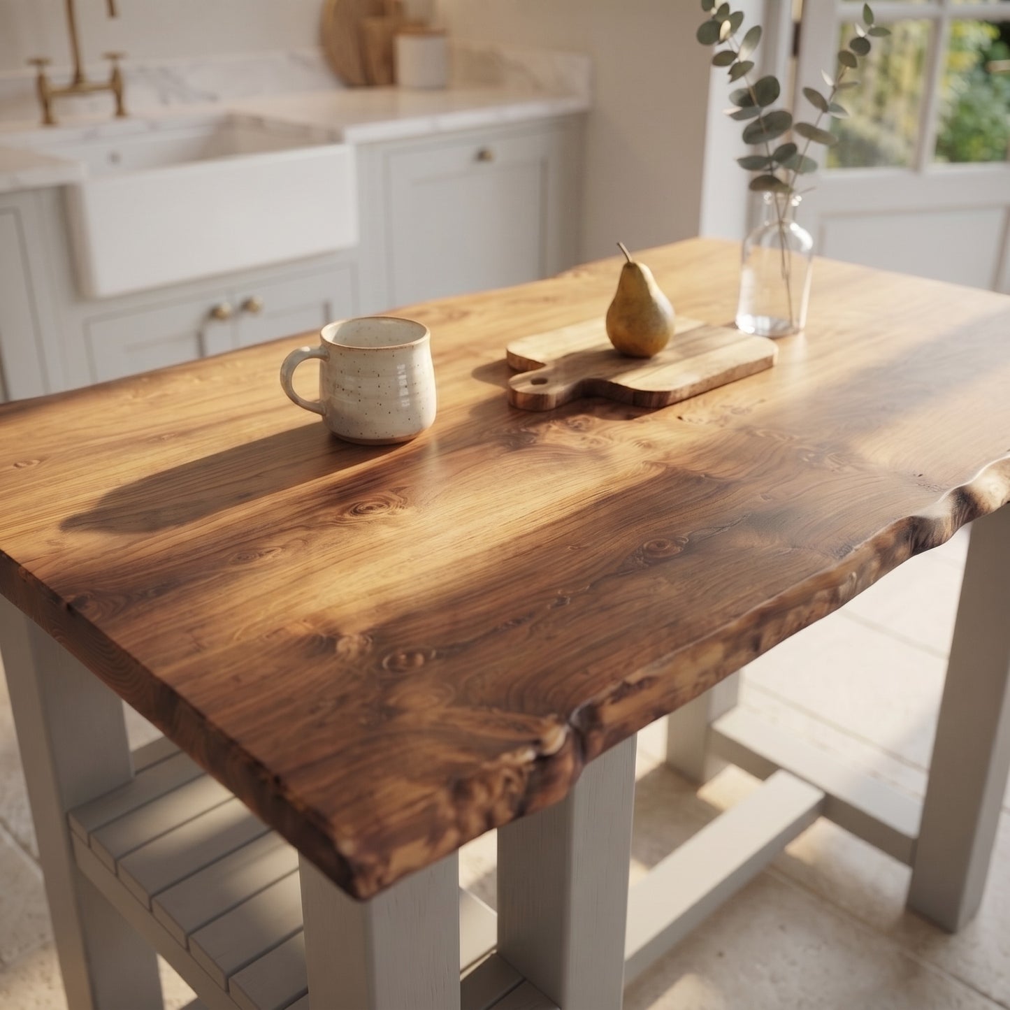 GRANTHAM Medium Grey Kitchen Island Solid Wood With Shelf / Breakfast Bar