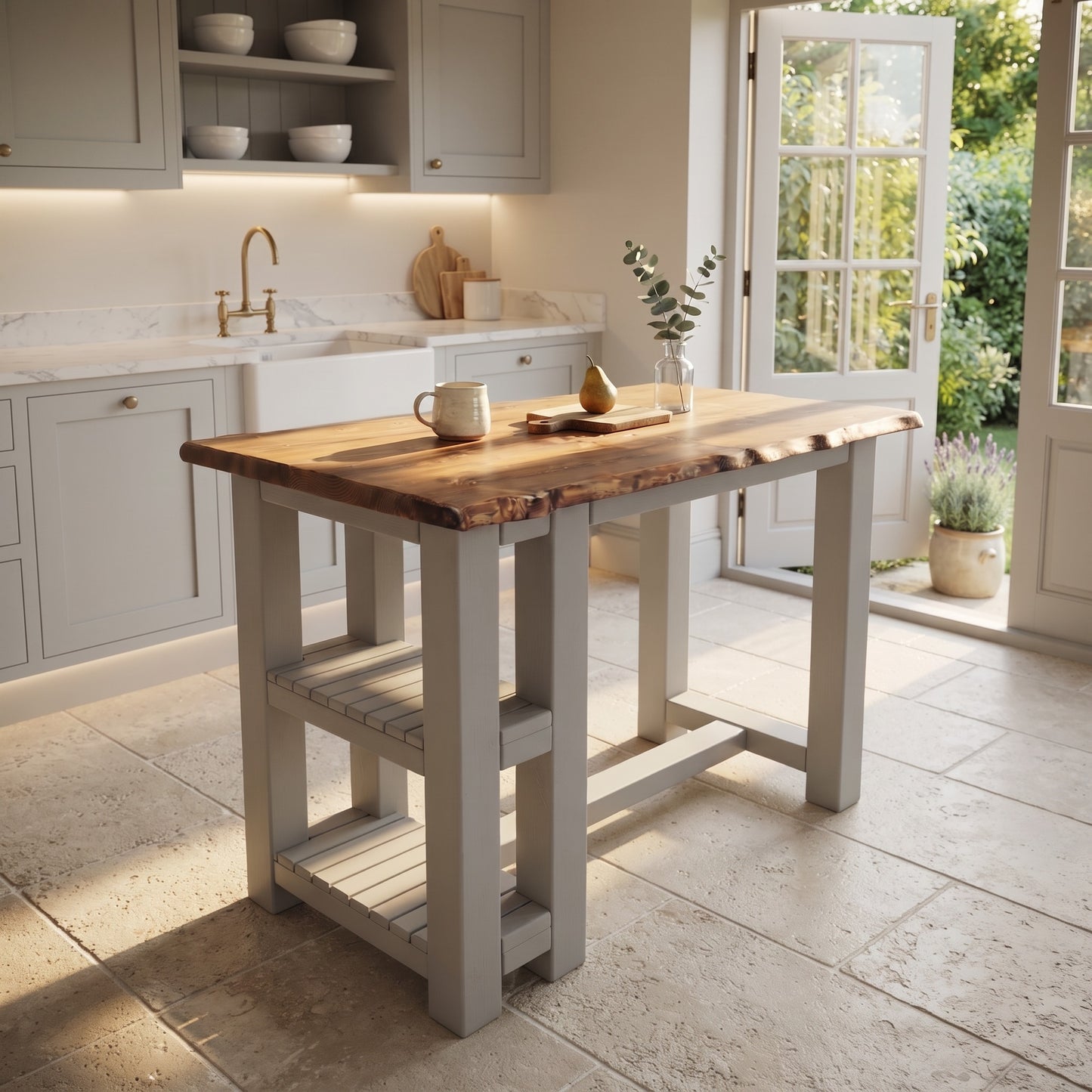 GRANTHAM Medium Grey Kitchen Island Solid Wood With Shelf / Breakfast Bar
