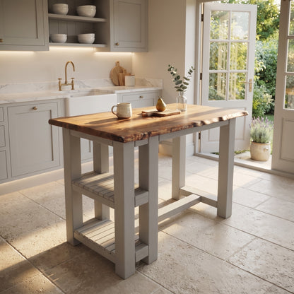 GRANTHAM Medium Grey Kitchen Island Solid Wood With Shelf / Breakfast Bar