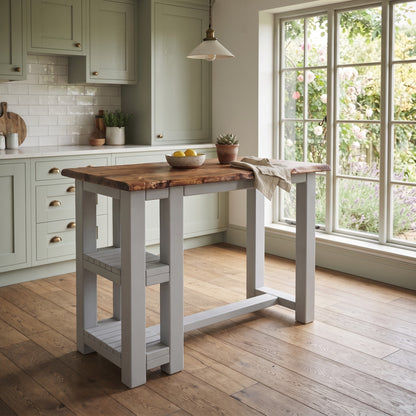 GRANTHAM Medium Grey Kitchen Island Solid Wood With Shelf / Breakfast Bar