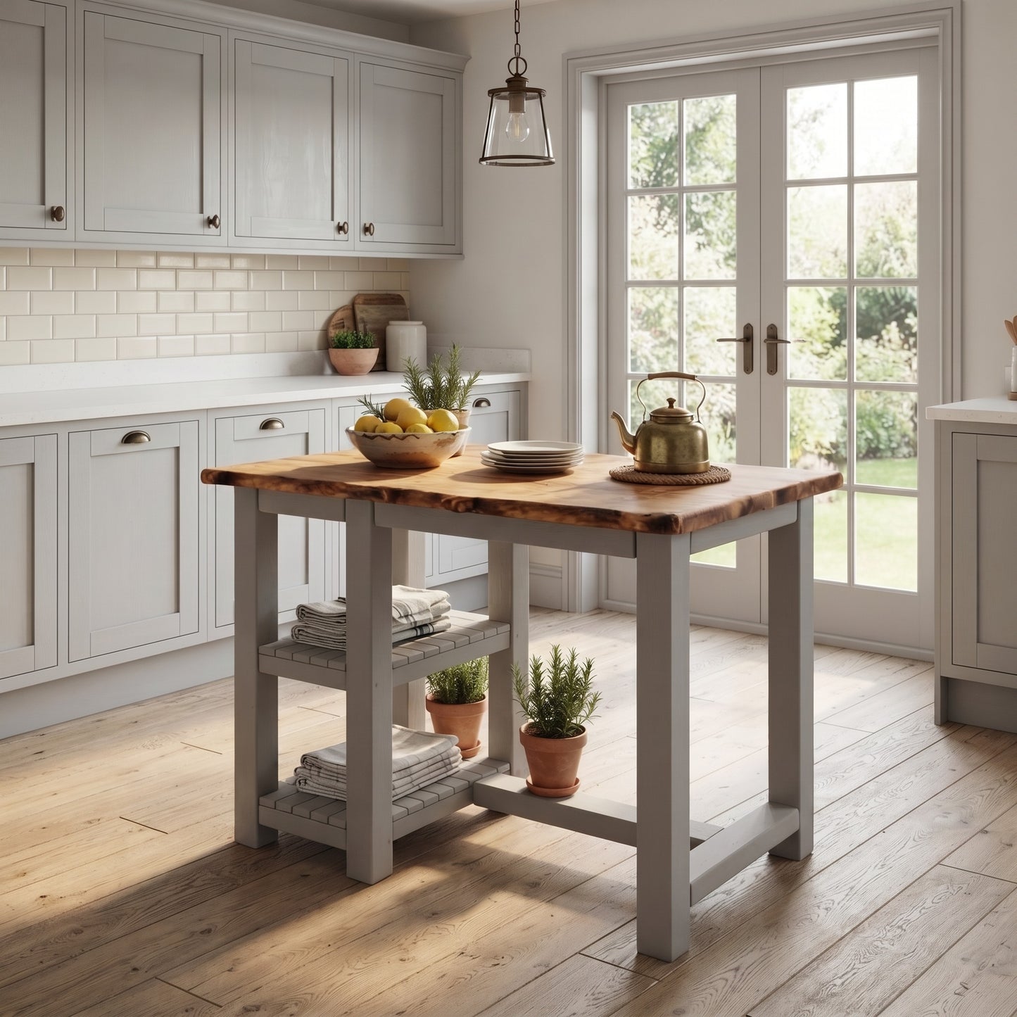 GRANTHAM Medium Grey Kitchen Island Solid Wood With Shelf / Breakfast Bar