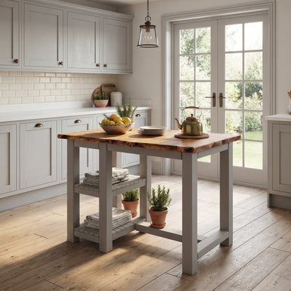 GRANTHAM Medium Grey Kitchen Island Solid Wood With Shelf / Breakfast Bar