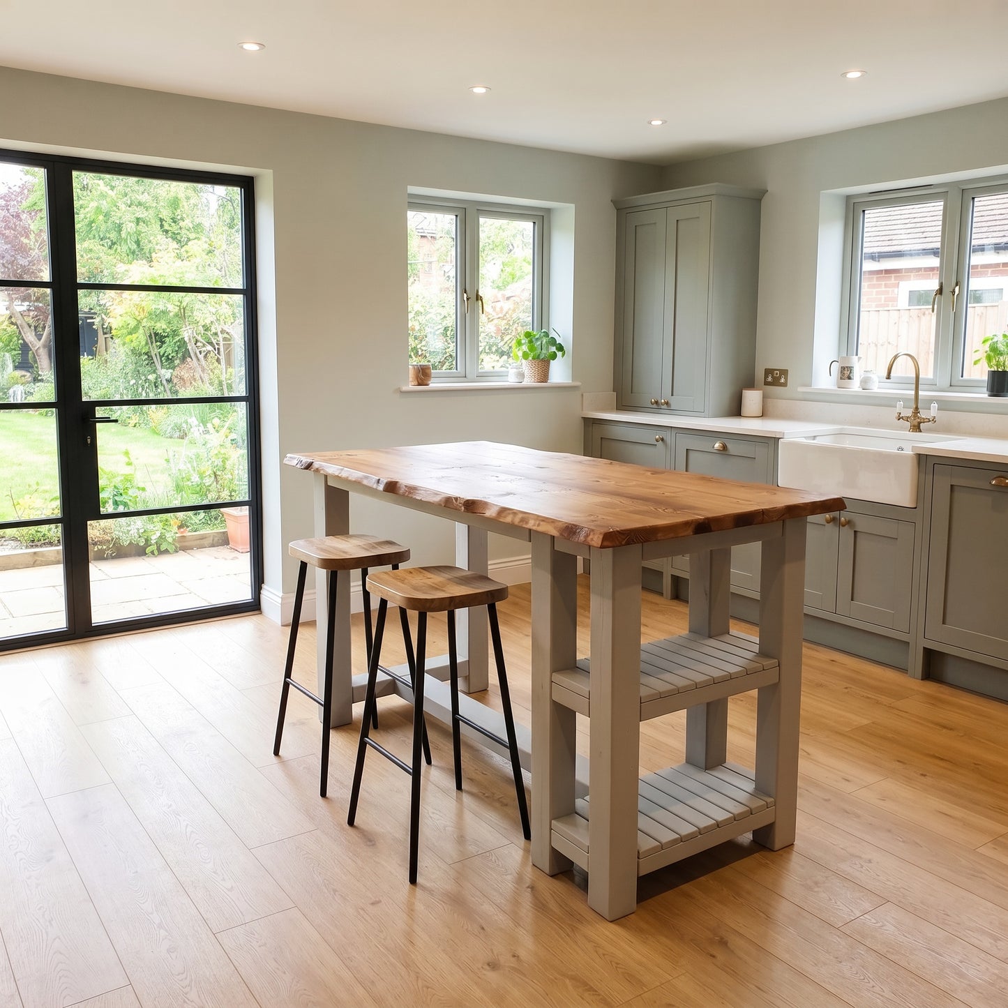 GRANTHAM Medium Grey Kitchen Island Solid Wood With Shelf / Breakfast Bar