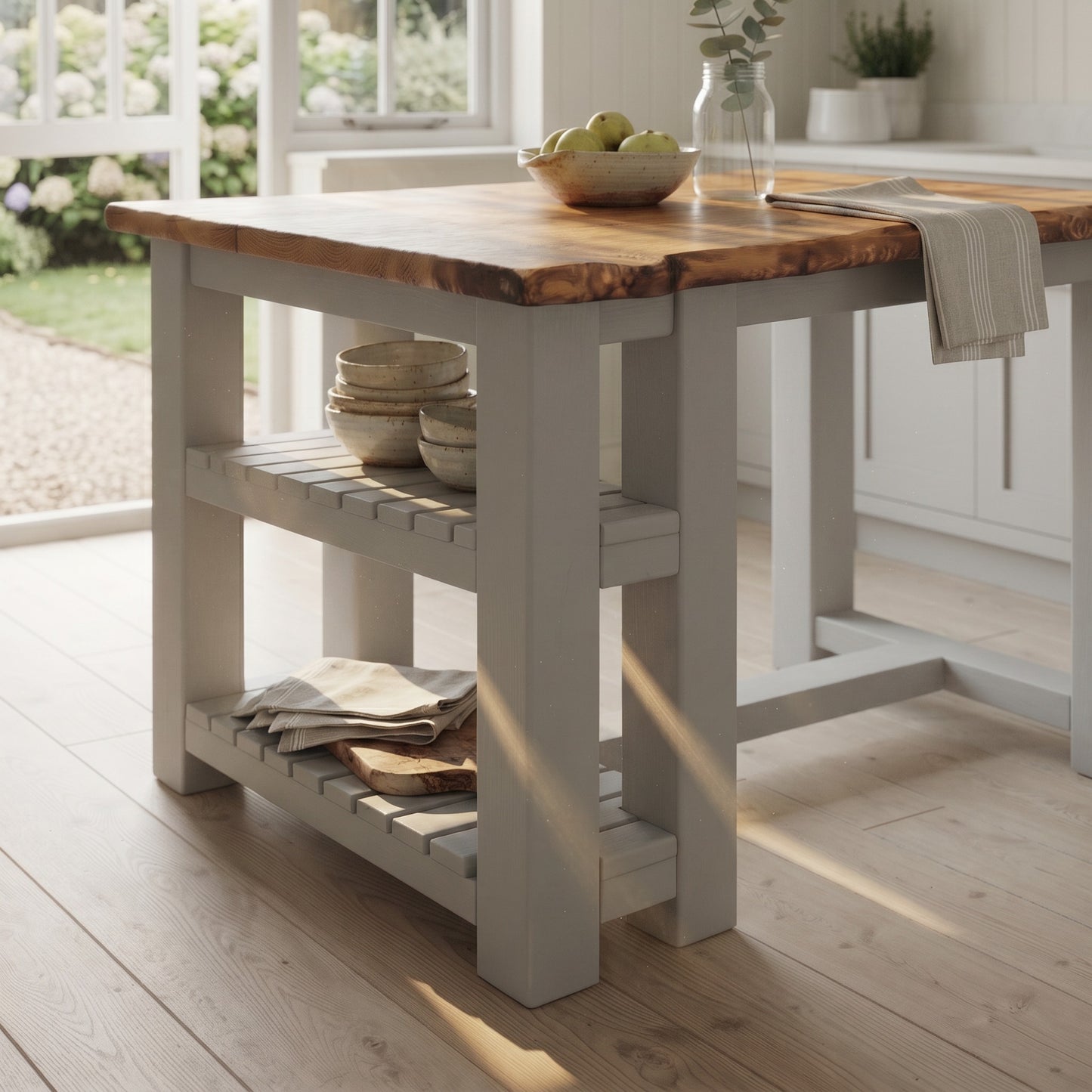 GRANTHAM Medium Grey Kitchen Island Solid Wood With Shelf / Breakfast Bar