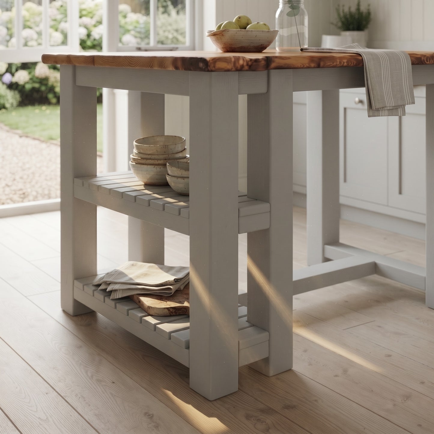 GRANTHAM Medium Grey Kitchen Island Solid Wood With Shelf / Breakfast Bar