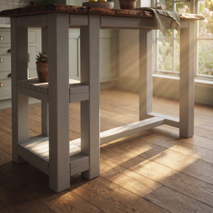 GRANTHAM Medium Grey Kitchen Island Solid Wood With Shelf / Breakfast Bar