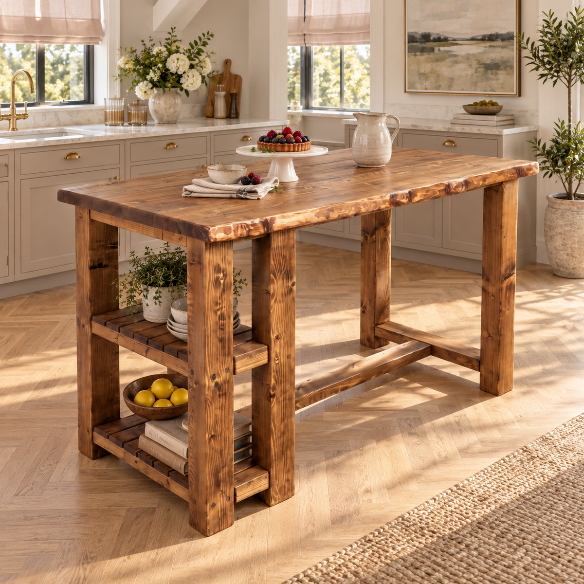 GRANTHAM Kitchen Island Solid Wood With Shelf / Breakfast Bar