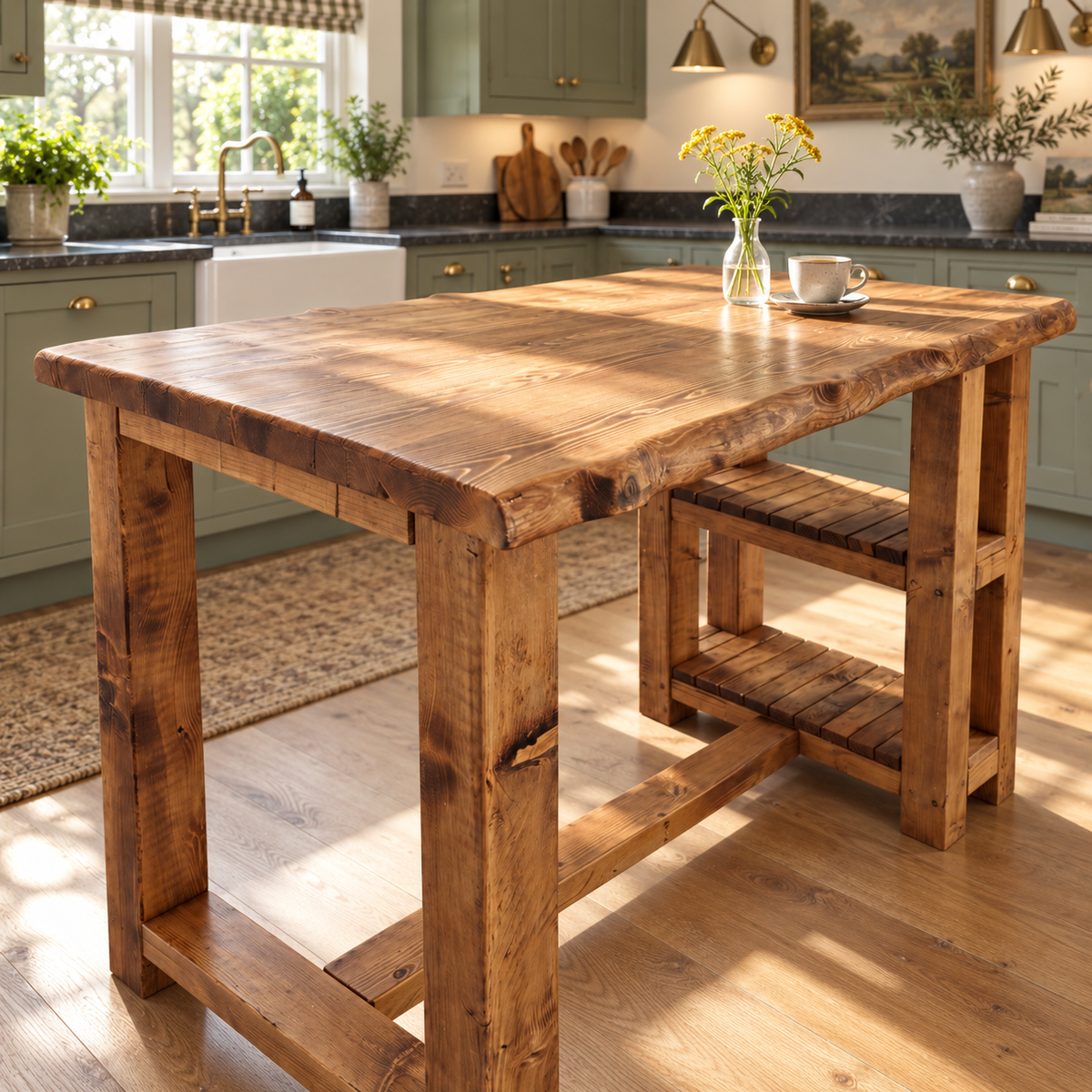 GRANTHAM Kitchen Island Solid Wood With Shelf / Breakfast Bar