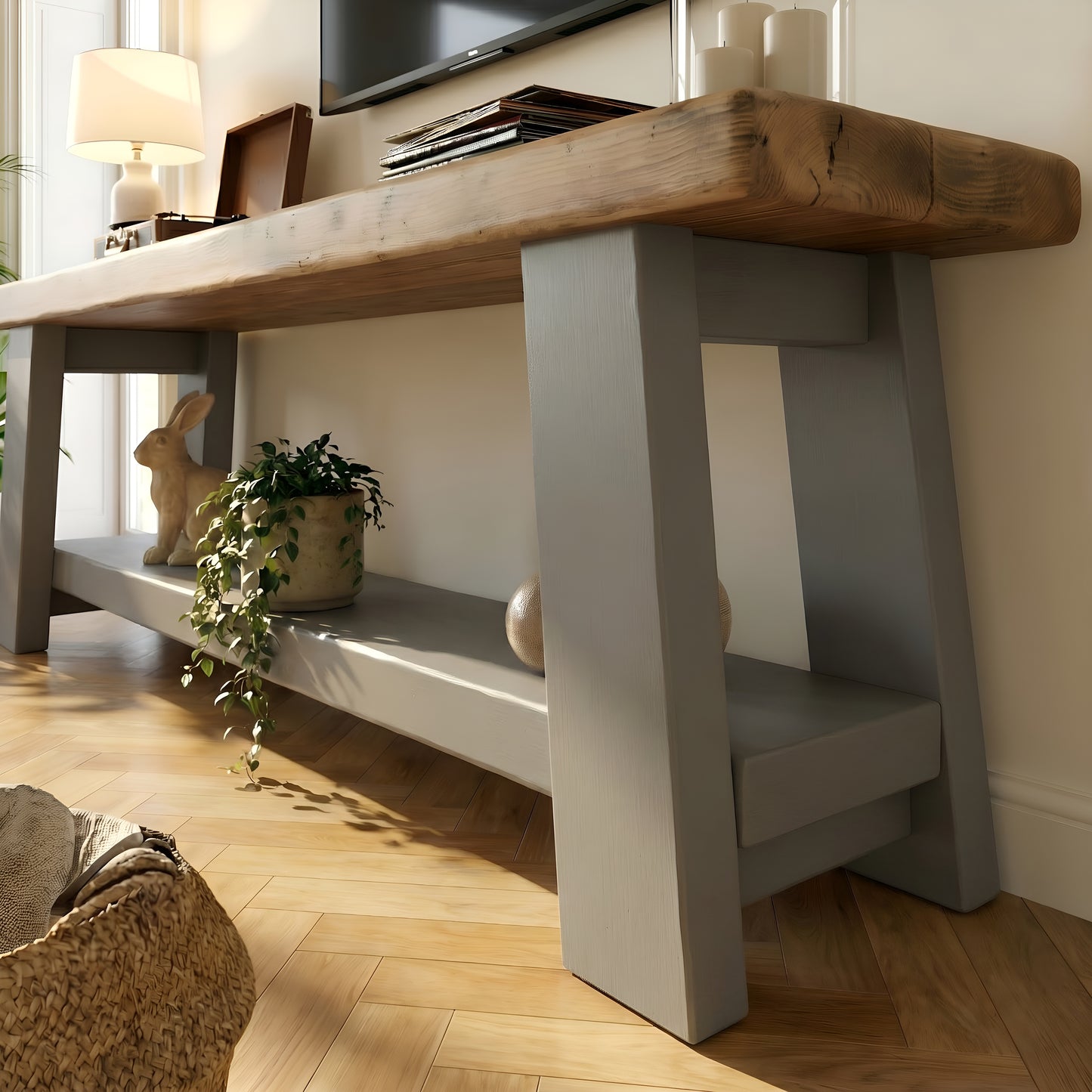 ROME Grey Solid Wood Chunky TV Unit / Bench