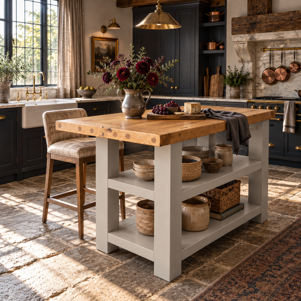 DUNSMERE Light Grey Kitchen Island With Overhang / Breakfast Bar / Rustic Island