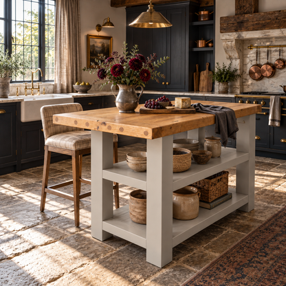 DUNSMERE Light Grey Kitchen Island With Overhang / Breakfast Bar / Rustic Island
