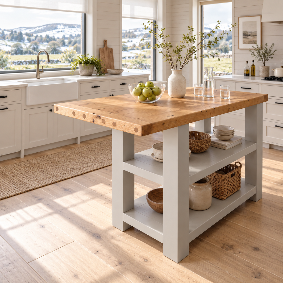 DUNSMERE Light Grey Kitchen Island With Overhang / Breakfast Bar / Rustic Island