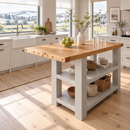 DUNSMERE Light Grey Kitchen Island With Overhang / Breakfast Bar / Rustic Island