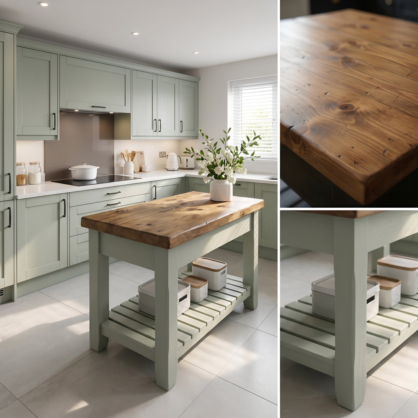 IRONSTEAD Sage Green Kitchen Island / Breakfast Bar / Rustic Sage Green Island