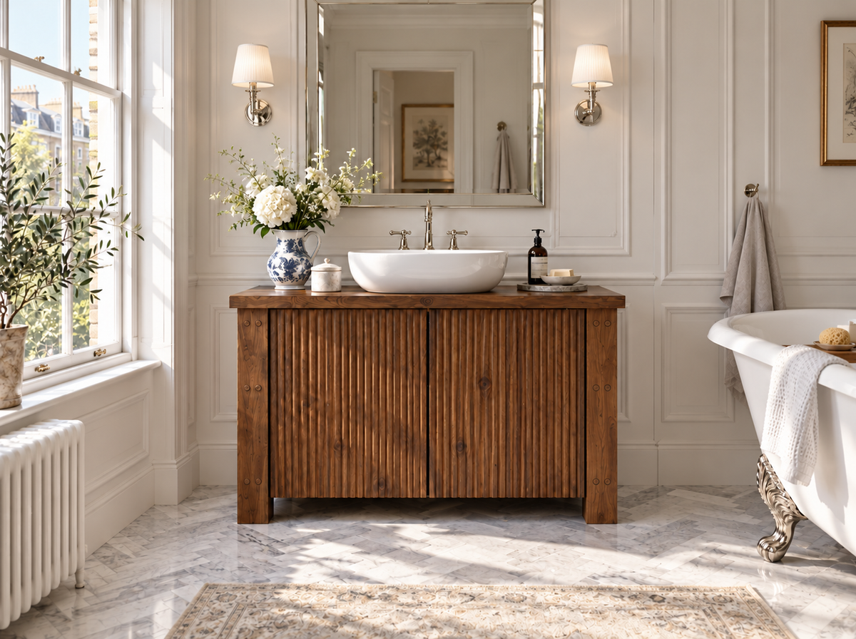 Loxmere Walnut Colour Fluted Solid Wood Bathroom Vanity Unit | Rustic Farmhouse Vanity Cabinet with Doors