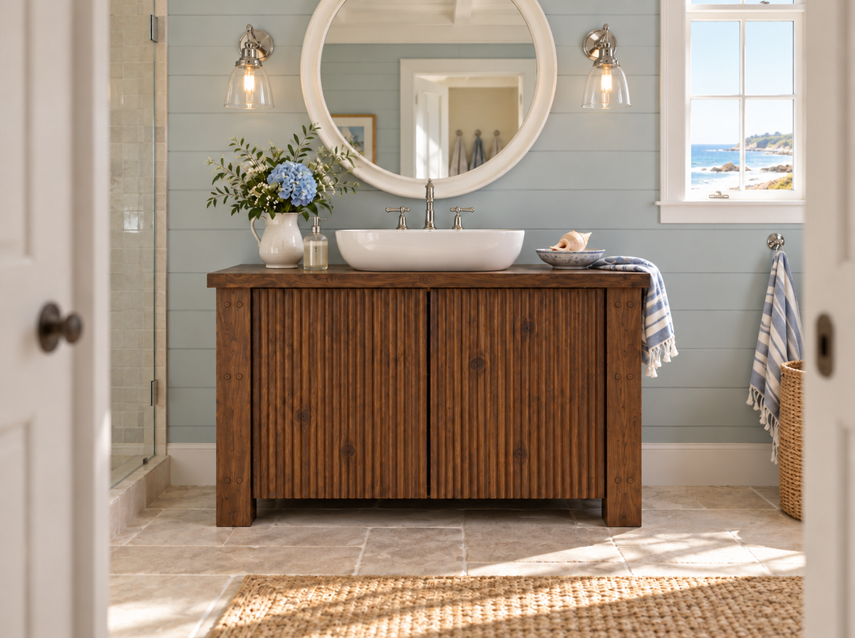 Loxmere Walnut Colour Fluted Solid Wood Bathroom Vanity Unit | Rustic Farmhouse Vanity Cabinet with Doors