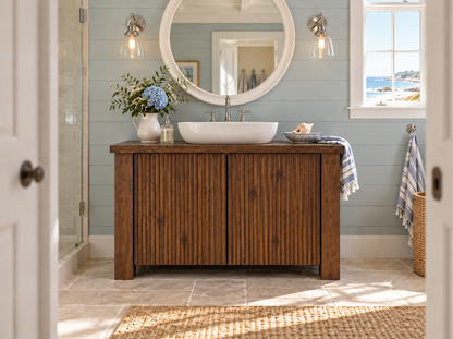 Loxmere Walnut Colour Fluted Solid Wood Bathroom Vanity Unit | Rustic Farmhouse Vanity Cabinet with Doors