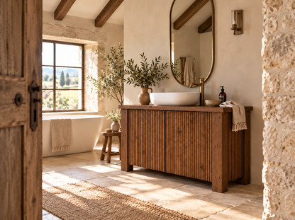 Loxmere Walnut Colour Fluted Solid Wood Bathroom Vanity Unit | Rustic Farmhouse Vanity Cabinet with Doors