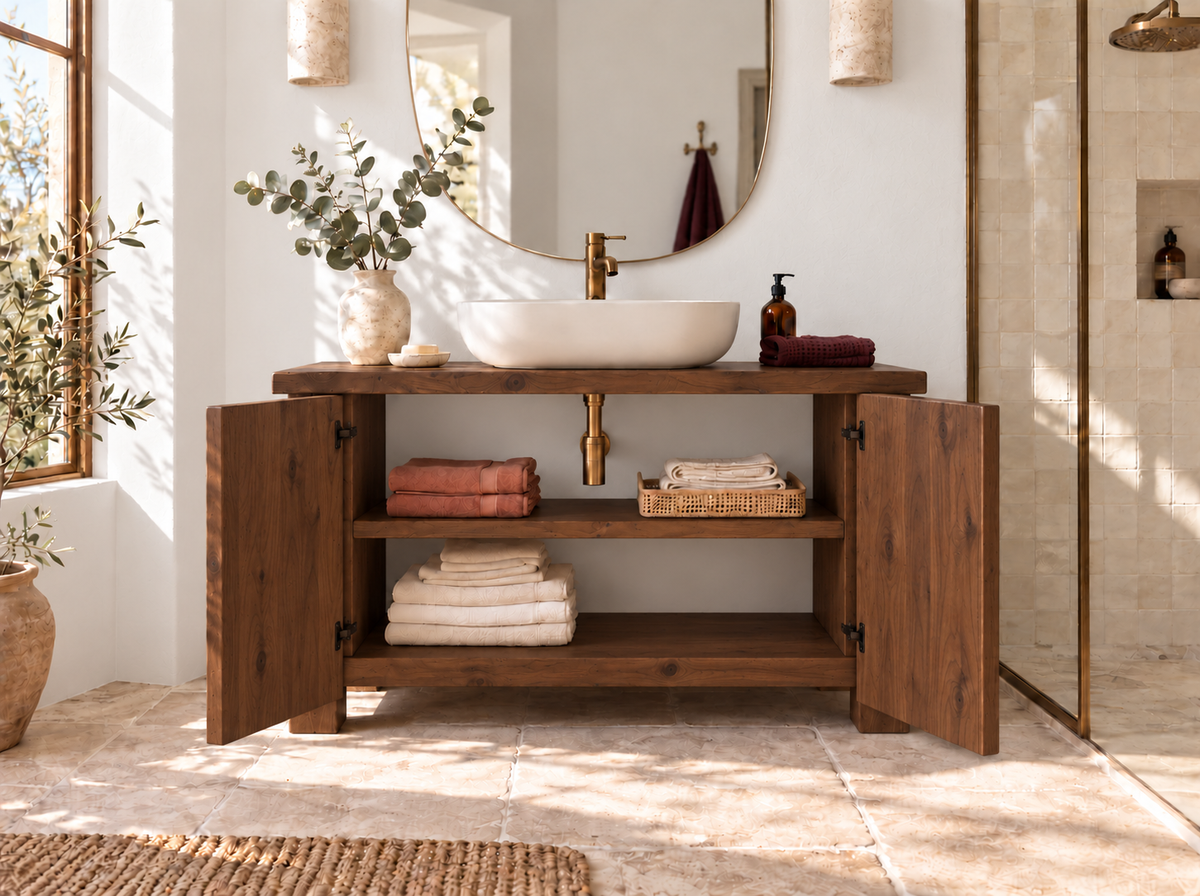 Loxmere Walnut Colour Fluted Solid Wood Bathroom Vanity Unit | Rustic Farmhouse Vanity Cabinet with Doors