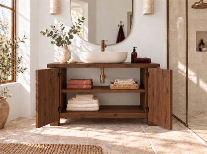 Loxmere Walnut Colour Fluted Solid Wood Bathroom Vanity Unit | Rustic Farmhouse Vanity Cabinet with Doors