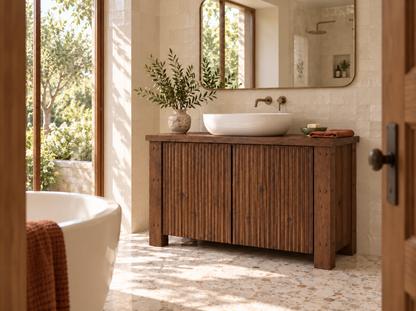 Loxmere Walnut Colour Fluted Solid Wood Bathroom Vanity Unit | Rustic Farmhouse Vanity Cabinet with Doors