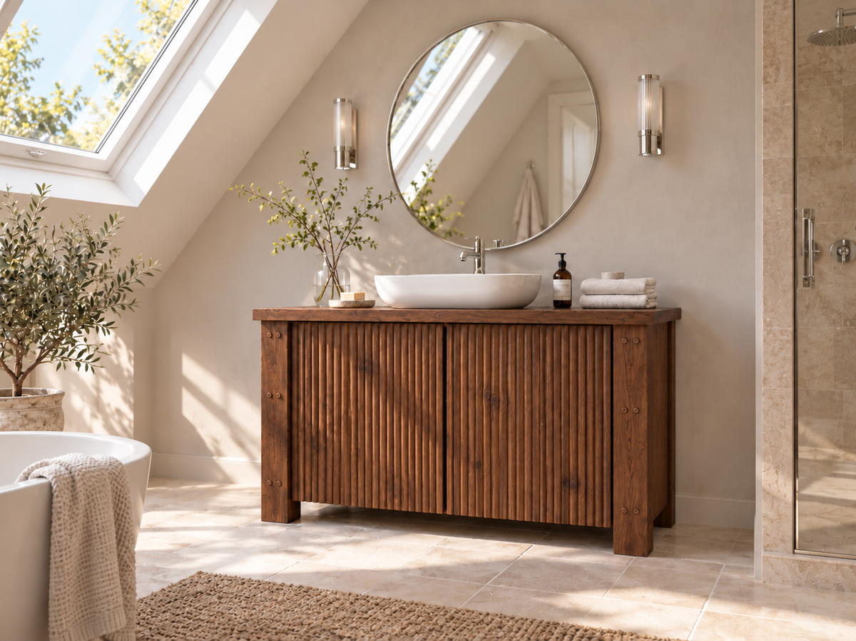 Loxmere Walnut Colour Fluted Solid Wood Bathroom Vanity Unit | Rustic Farmhouse Vanity Cabinet with Doors