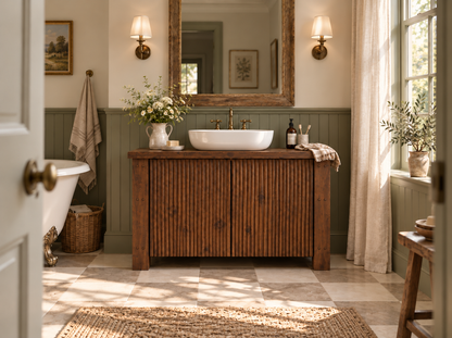 Loxmere Walnut Colour Fluted Solid Wood Bathroom Vanity Unit | Rustic Farmhouse Vanity Cabinet with Doors