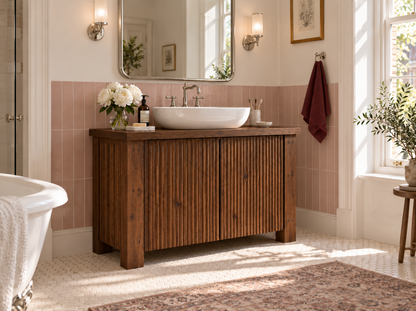 Loxmere Walnut Colour Fluted Solid Wood Bathroom Vanity Unit | Rustic Farmhouse Vanity Cabinet with Doors