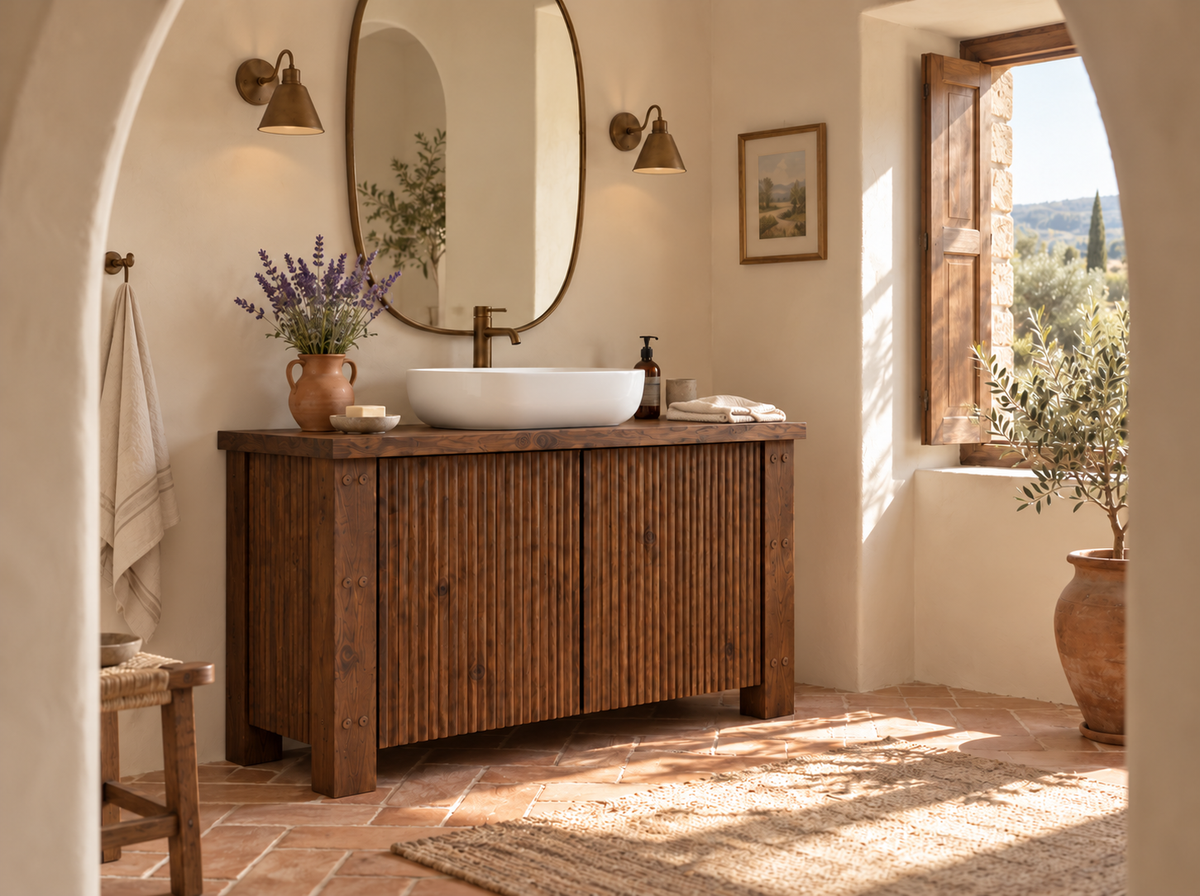 Loxmere Walnut Colour Fluted Solid Wood Bathroom Vanity Unit | Rustic Farmhouse Vanity Cabinet with Doors