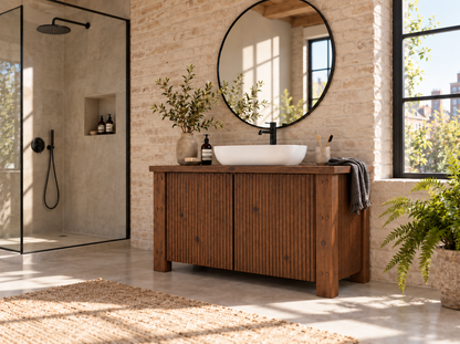 Loxmere Walnut Colour Fluted Solid Wood Bathroom Vanity Unit | Rustic Farmhouse Vanity Cabinet with Doors