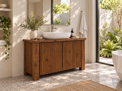 Loxmere Walnut Colour Fluted Solid Wood Bathroom Vanity Unit | Rustic Farmhouse Vanity Cabinet with Doors