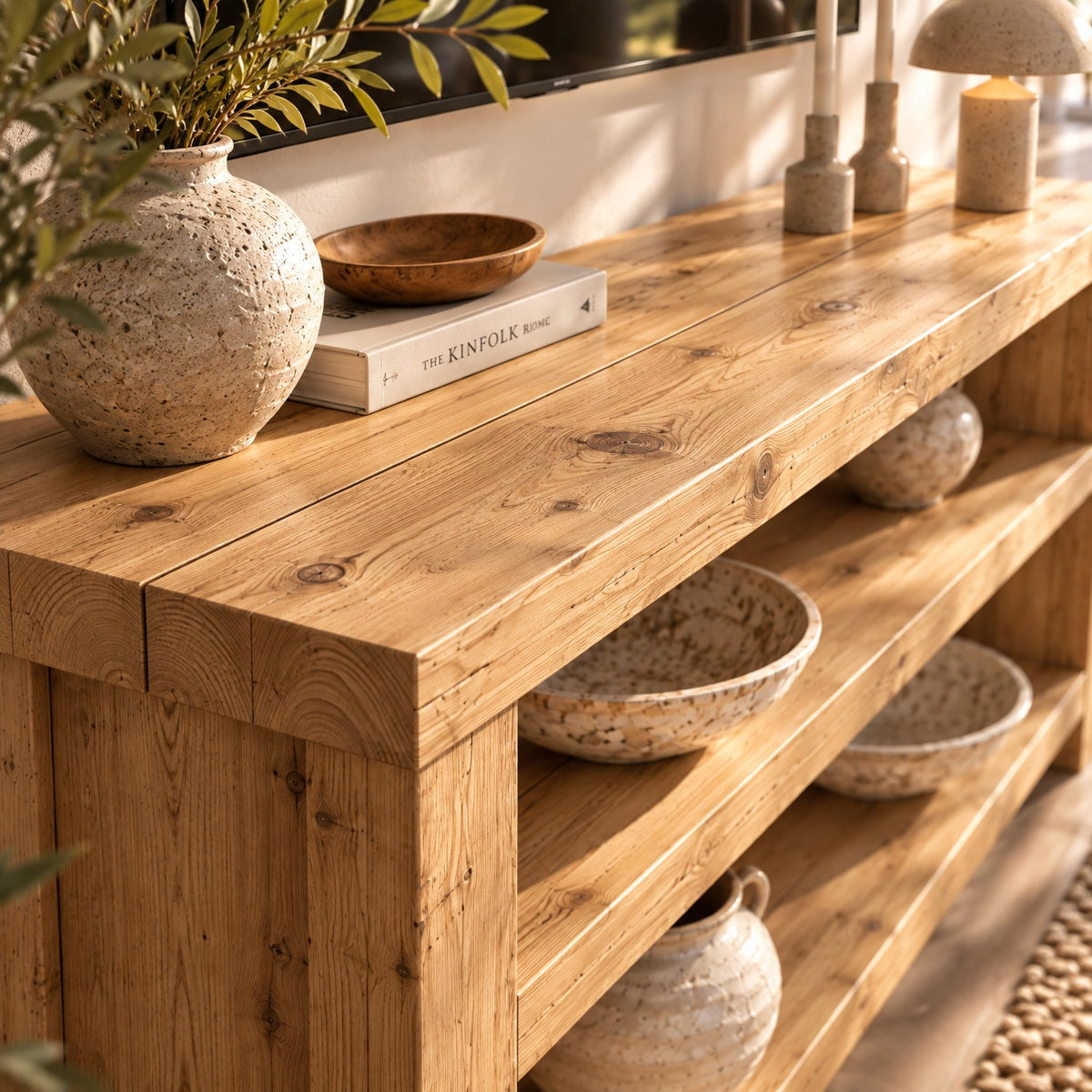 HARRINGTON Light Colour 3 Tier Solid Wood Tv Unit / Solid Wood / Rustic TV Stand
