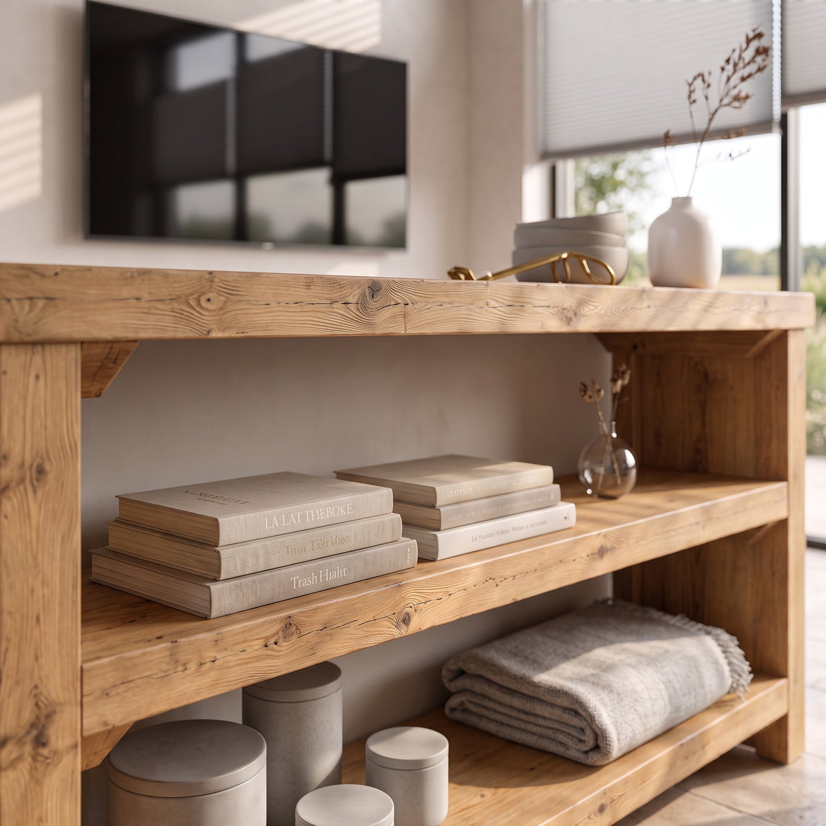 HARRINGTON Light Colour 3 Tier Solid Wood Tv Unit / Solid Wood / Rustic TV Stand
