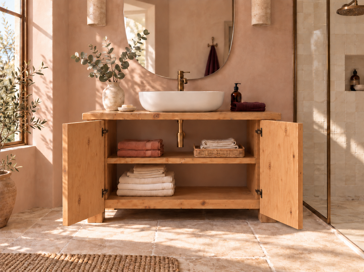 Loxmere Fluted Solid Wood Bathroom Vanity Unit | Rustic Farmhouse Vanity Cabinet with Doors