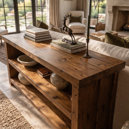 HARRINGTON Walnut Colour 3 Tier Solid Wood Tv Unit / Solid Wood / Rustic TV Stand