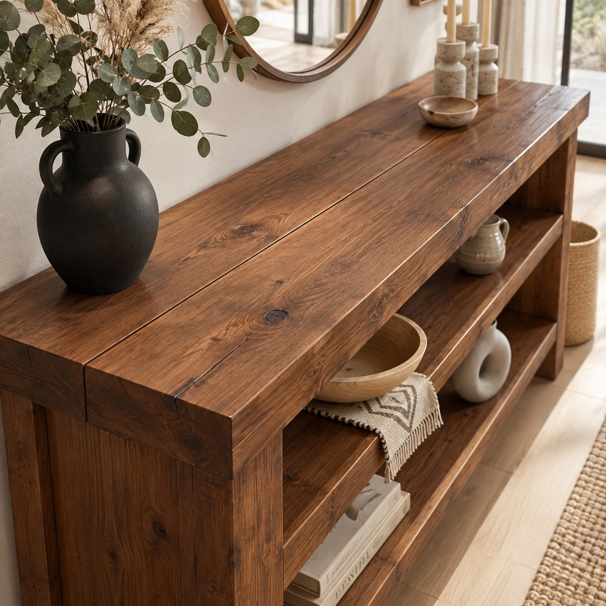 HARRINGTON Walnut Colour 3 Tier Solid Wood Tv Unit / Solid Wood / Rustic TV Stand