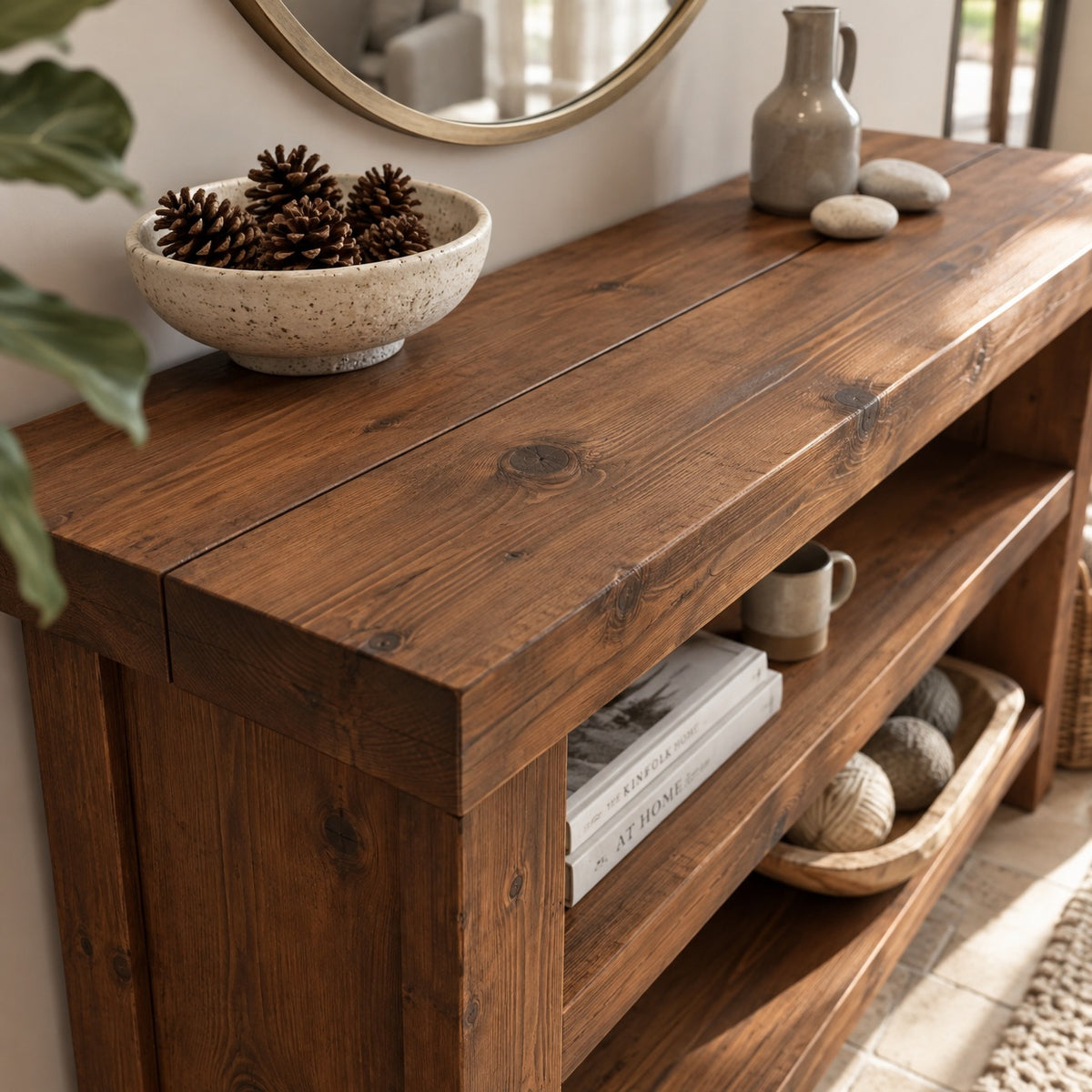 HARRINGTON Walnut Colour 3 Tier Solid Wood Tv Unit / Solid Wood / Rustic TV Stand
