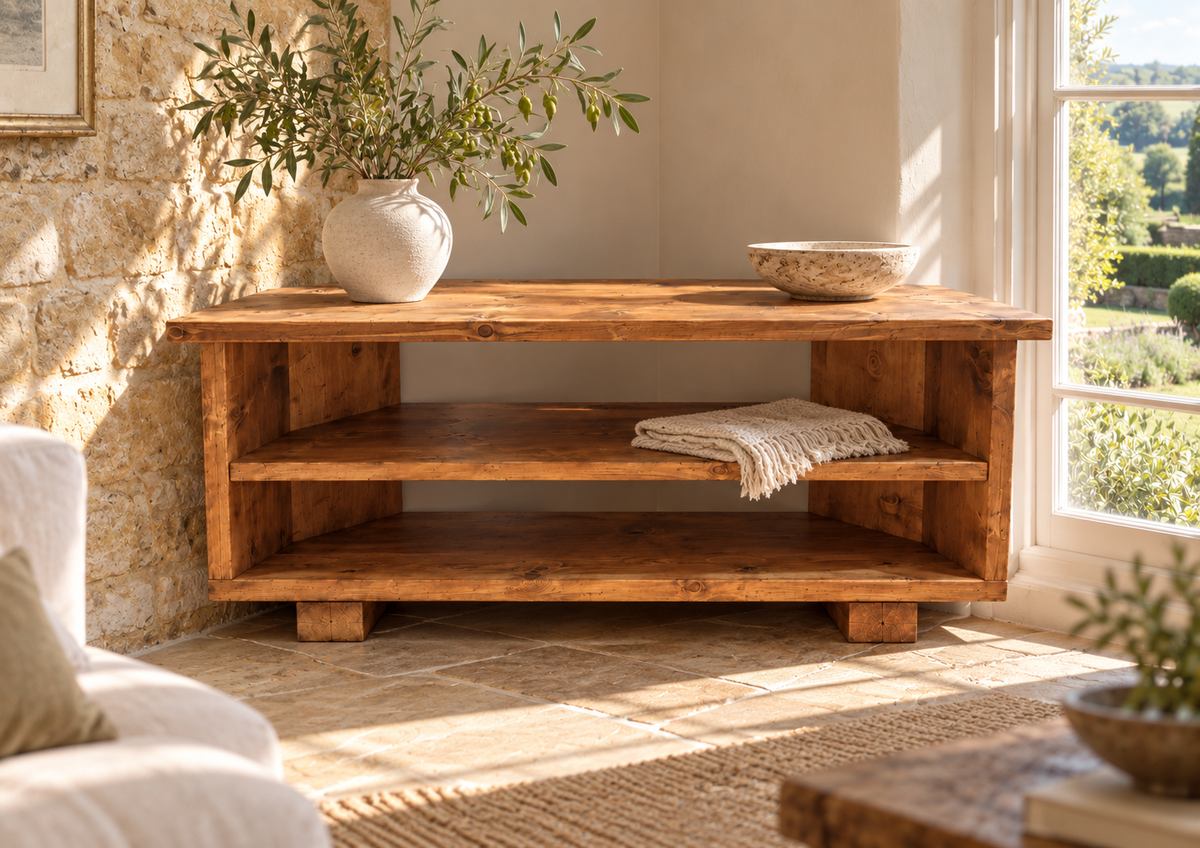 HARTWELL 3 Tier Corner Solid Wood Tv Unit / Solid Wood / Rustic
