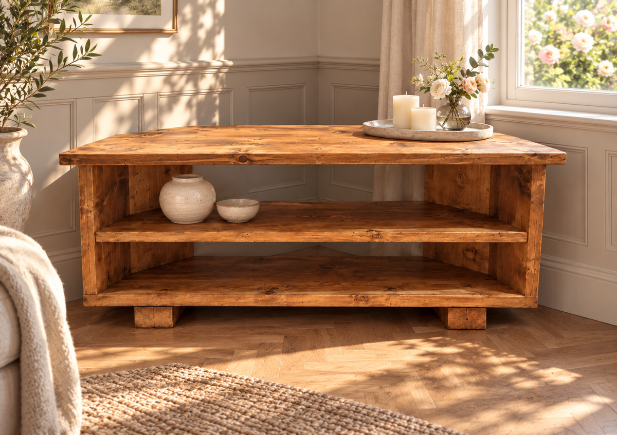 HARTWELL 3 Tier Corner Solid Wood Tv Unit / Solid Wood / Rustic