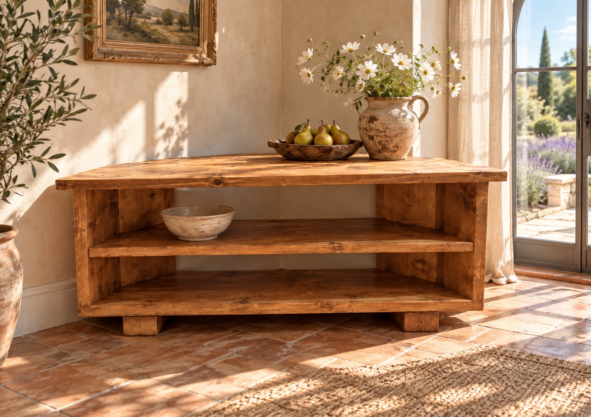 HARTWELL 3 Tier Corner Solid Wood Tv Unit / Solid Wood / Rustic