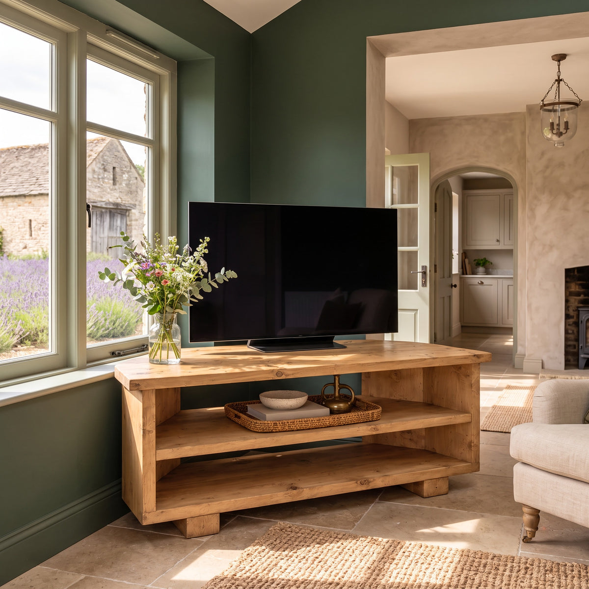 HARTWELL Light Oak Colour 3 Tier Corner Solid Wood Tv Unit / Solid Wood / Rustic