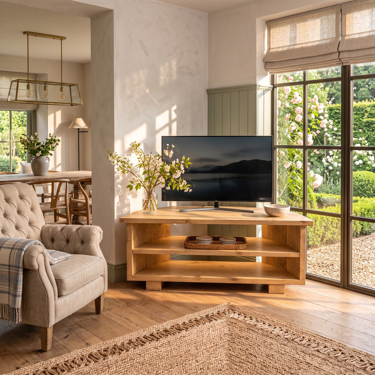 HARTWELL Light Oak Colour 3 Tier Corner Solid Wood Tv Unit / Solid Wood / Rustic