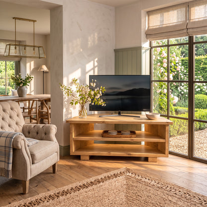 HARTWELL Light Oak Colour 3 Tier Corner Solid Wood Tv Unit / Solid Wood / Rustic