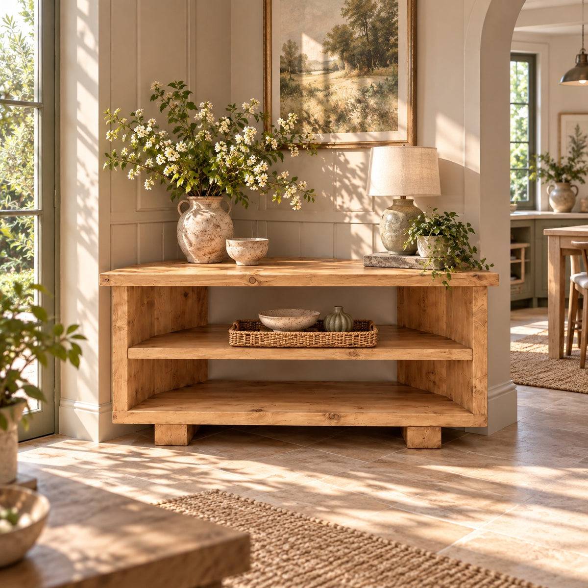 HARTWELL Light Oak Colour 3 Tier Corner Solid Wood Tv Unit / Solid Wood / Rustic